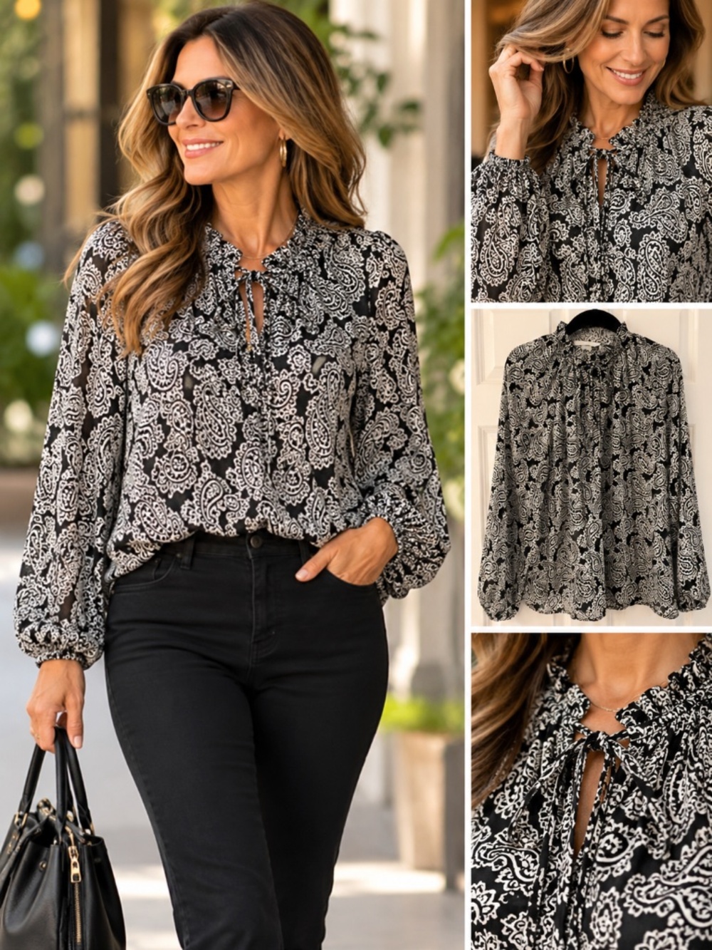 H&M Black & White Paisley Blouse Size S | Ruffle Neck Boho Chic